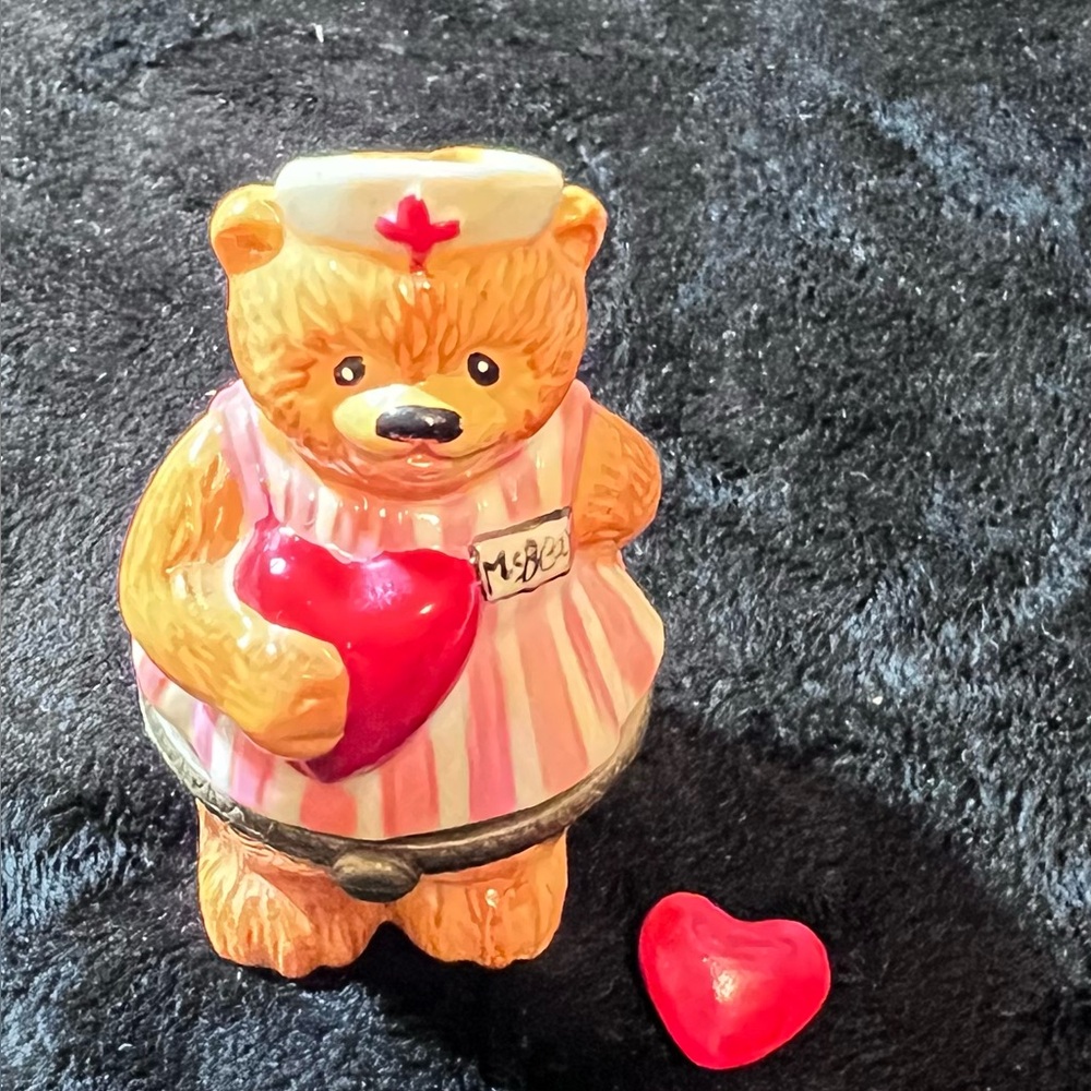 Vintage Candy Striper Bear\Nurse Trinket Box Keepsake w\Mini Heart Inside